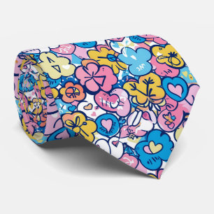 Süßes Retro-Gekritzel Herzen Blumen Blau Rosa Must Krawatte