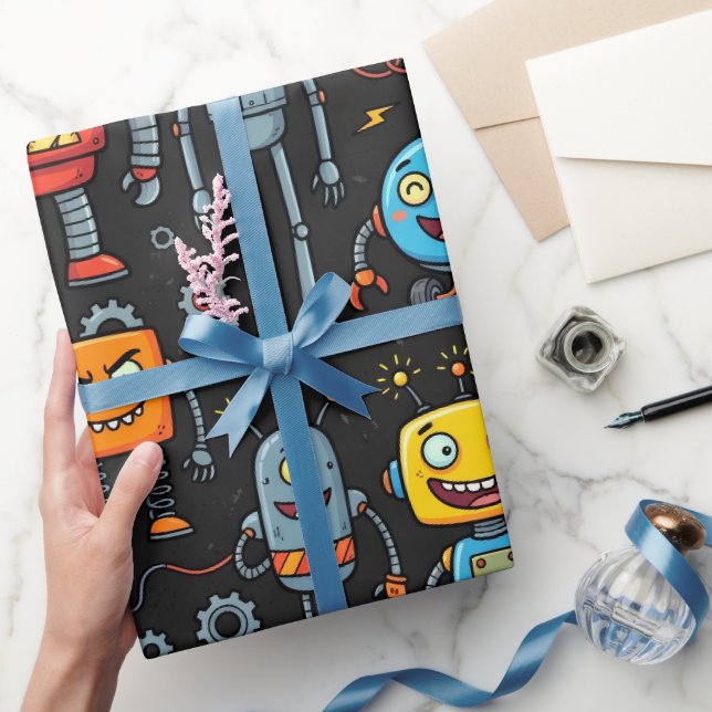 Süßes Retro-Roboter- und Monster-Muster Geschenkpapier (Schenken)