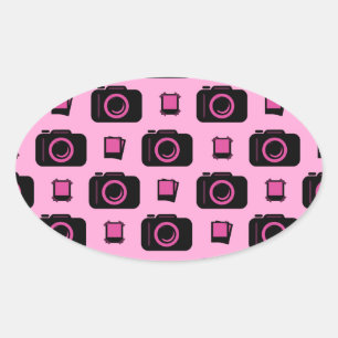 Süßes Retro-Stil Rosa-Schwarzes-Kamera-Muster Ovaler Aufkleber