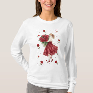 Süßes romantisches Mädchen mit rotem Rosenstrauß L T-Shirt