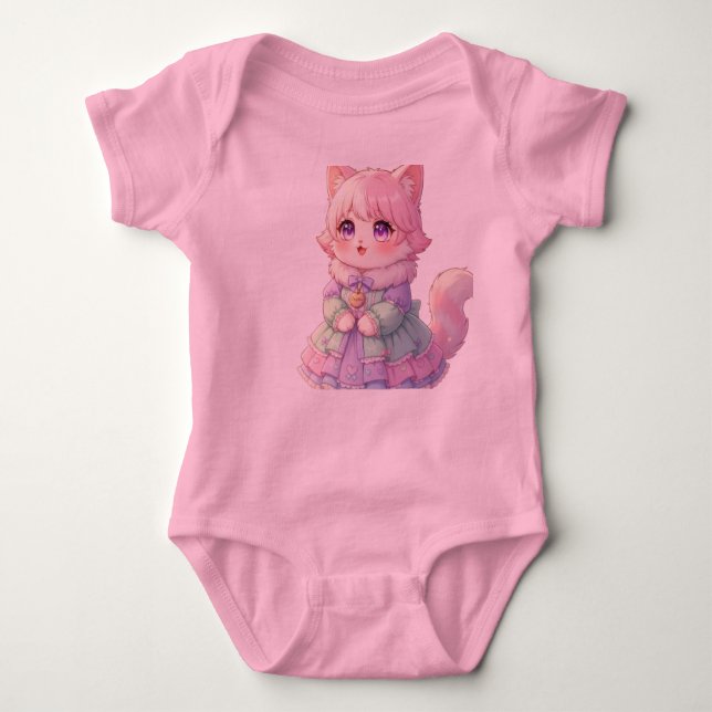Süßes rosa Anime-Katzen-Babyshower-Geschenk Bodysu Baby Strampler (Vorderseite)