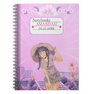 Süßes rosa Anime-Mädchen mit floraler Ästhetik Not Notizblock