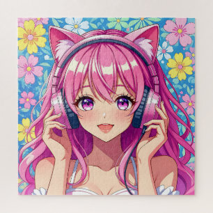 Süßes rosa Anime-Mädchen mit Kopfhörern