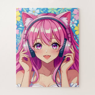 Süßes rosa Anime-Mädchen mit Kopfhörern