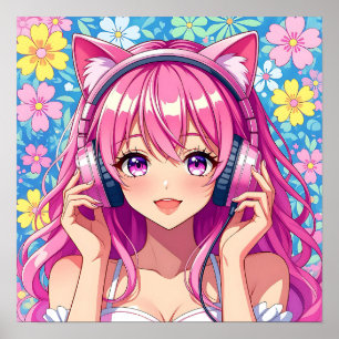 Süßes rosa Anime-Mädchen mit Kopfhörern Poster