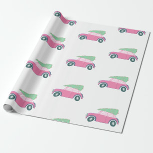 Süßes rosa Auto mit Weihnachtsbaum in Aquarell Geschenkpapier