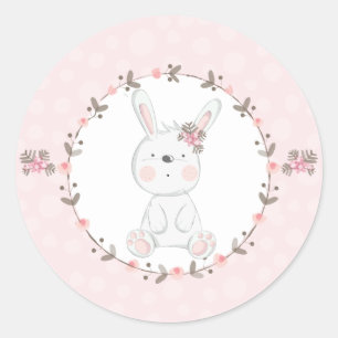 Süßes rosa Baby-Hasen-Blumenmuster Runder Aufkleber