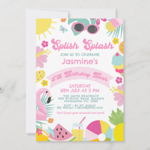 Süßes rosa Banner Retro Splish Splash 5. Geburtsta Einladung