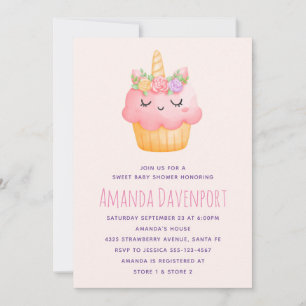 Süßes rosa Cupcake-Einhorn mit Rosen Baby Shower Einladung