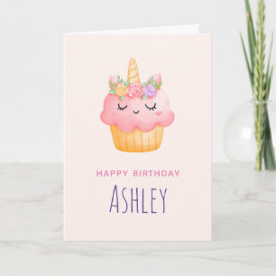 Süßes rosa Cupcake-Einhorn mit Rosen zum Geburtsta Karte