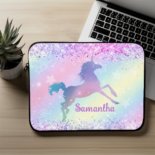 Süßes rosa Einhorn Glitter Regenbogen Kunst Monogr Laptopschutzhülle