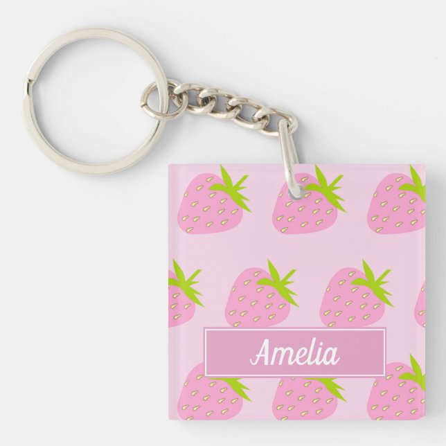 Süßes Rosa Erdbeermuster Personalisiert Schlüsselanhänger (Vorderseite)