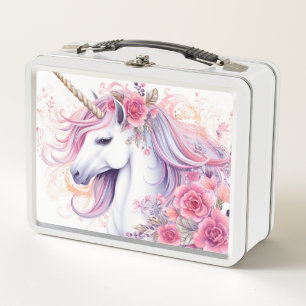 Süßes rosa florales Einhorn Metall Brotdose