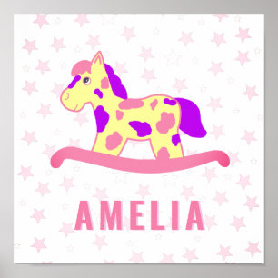 Süßes Rosa Gelbes Schaukelpferd Stern Kinder Name Poster