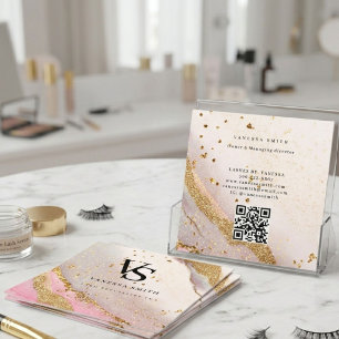 Süßes Rosa Gold Glitter Marmor Achat Monogramm Quadratische Visitenkarte