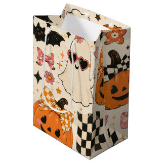Süßes rosa Halloween-Kürbismuster mit Schleifen Mittlere Geschenktüte