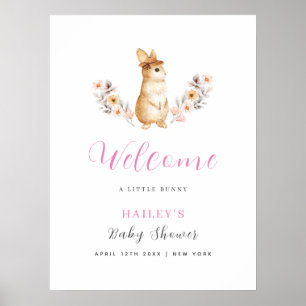 Süßes rosa Häschen Wildblumen Willkommen Baby Show Poster