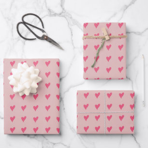 Süßes rosa Herz Muster Handgezeichnet Geschenkpapier Set
