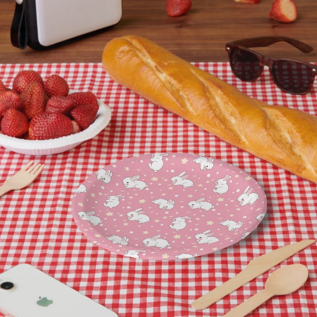 Süßes rosa Kawaii-Hasen-Doodle Pappteller (Picknick)