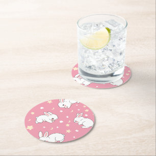 Süßes rosa Kawaii-Hasen-Doodle Runder Pappuntersetzer