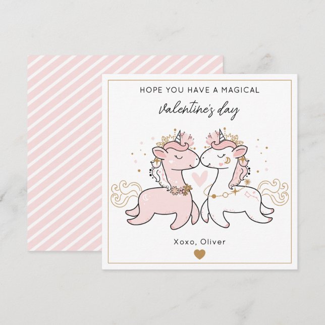 Süßes Rosa Magisches Einhorn Kinder Valentinstag  Mitteilungskarte (Vorne/Hinten)