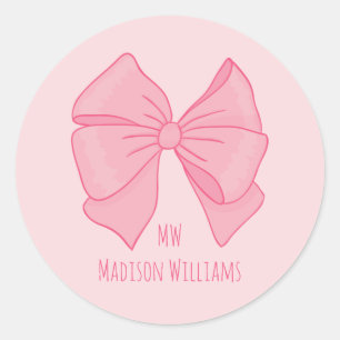 Süßes rosa Schleifen-Mädchen-Monogramm und Name Runder Aufkleber