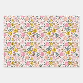 Süßes rosa und gelbes Blumenmuster Geschenkpapier Set