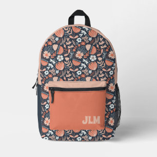 Süßes rosa und marineblaues Blumenmuster-Monogramm Bedruckter Rucksack