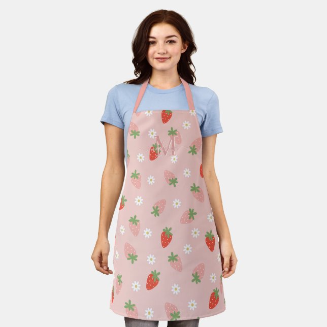 Süßes Rosa und Rote Erdbeeren-Monogramm Schürze (Getragen)