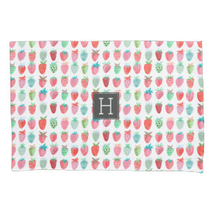 Süßes rosa und rotes Erdbeermuster mit Monogramm d Kissenbezug