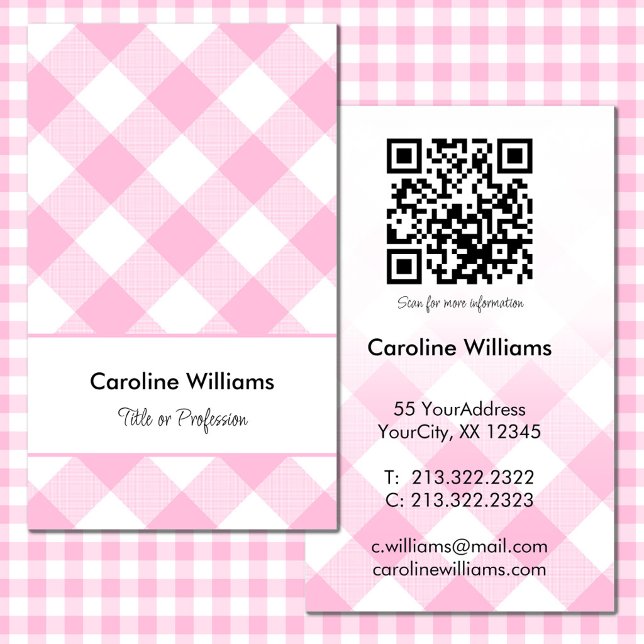 Süßes Rosa-Weiß-Gingham-Karo-Muster QR-Code Visitenkarte (Von Creator hochgeladen)