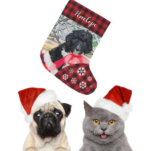 Süßes rotes Karo-Hunde Namensschild Großer Weihnachtsstrumpf