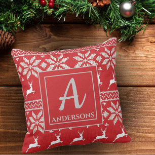 Süßes rotes Strickhirschmuster Monogramm Kissen
