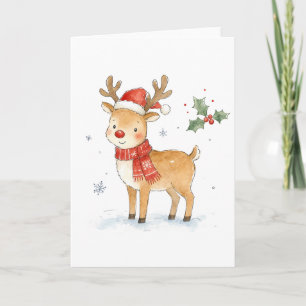 Süßes Rotnasenrentier mit Schal für Weihnachten Karte