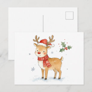 Süßes Rotnasenrentier mit Schal für Weihnachten Postkarte