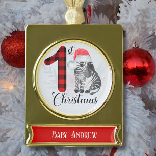 Süßes saisonales erstes Weihnachten rotes Karo-Bab Banner-Ornament Gold