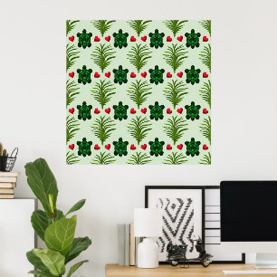 Süßes Schildkrötenmuster Ästhetik   Tropische Blät Poster