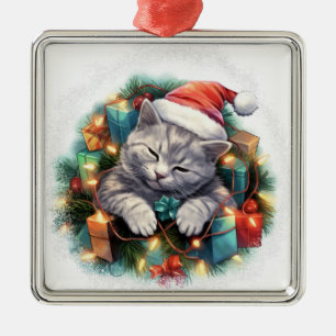 SÜßES SCHLAFENDES WEIHNACHTSFEIERTAG-GRAUES KÄTZCH ORNAMENT AUS METALL