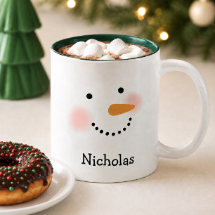 Süßes Schneemann-Gesicht Grüne Jungen Name Weihnac Zweifarbige Tasse