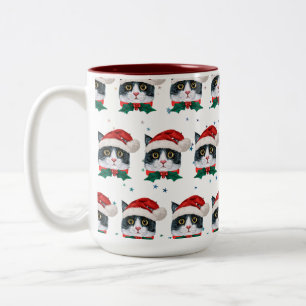 Süßes Schwarz-Weißes Katze Mit Weihnachtsmann Hut Zweifarbige Tasse