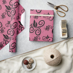 Süßes schwarzes Blumen-Vintage-Muster Rosa Geschenkpapier