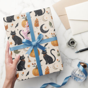 Süßes schwarzes Halloween-Katze, Kürbis & Mond-Ges Geschenkpapier