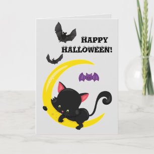 Süßes schwarzes Kätzchen und Mond Kinder Halloween Karte