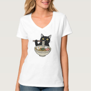 Süßes schwarzes Katze isst Ramen japanischer Stil T-Shirt