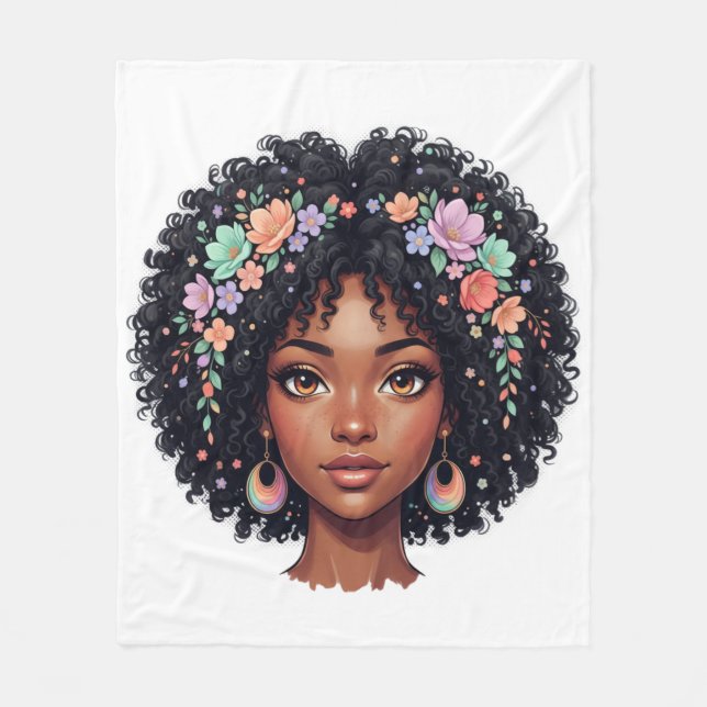 Süßes schwarzes Mädchen mit Blumenkrone Afro Fleecedecke (Vorderseite)