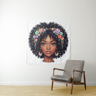 Süßes schwarzes Mädchen mit Blumenkronen-Afro Wandteppich