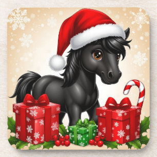 Süßes schwarzes Pony mit Weihnachtsmannmütze Getränkeuntersetzer