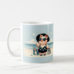 Süßes Schwein im Punkte-Badeanzug am Strand Kaffeetasse