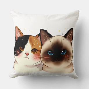 Süßes Siamese- & Calico-Katzenporträt-Duo Bezaub Kissen