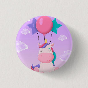 Süßes sitzendes Einhorn und Ballons Flieder Button